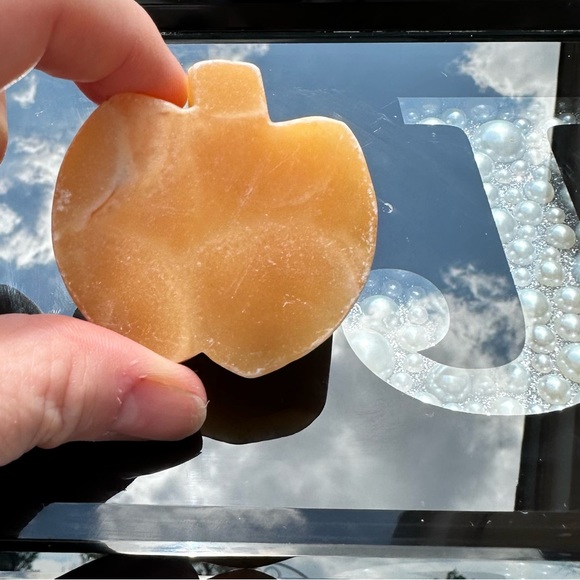 Natural Yellow Calcite Apple Slice Carving - Picture 3 of 3